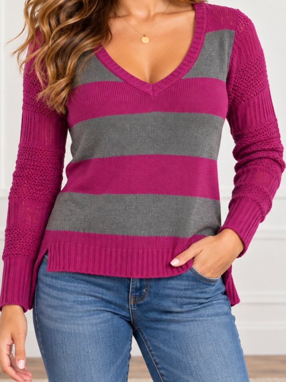 NWT Fuchsia & Gray Striped V-Neck High-Low Open Knit Sweater Cottage Small (3-5)